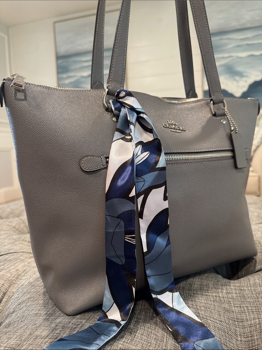 Coach Bag Gallery Grey Leather Tote with Scarf - Picture 9 of 17